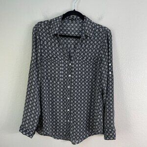 Express Womens Medium Black White Button Up Roll Tab Sleeve Shirt Blouse